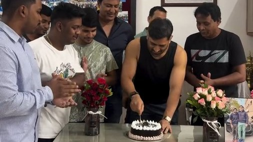 MS Dhoni cuts cake with his friends in Ranchi MS Dhoni cuts cake with his friends in Ranchi